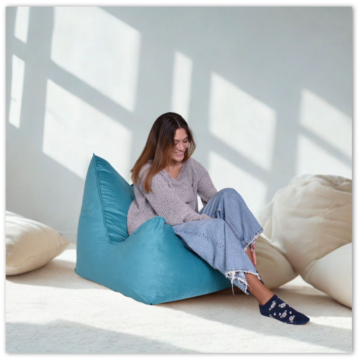 Puff Sillón Felpa Turquesa con Relleno