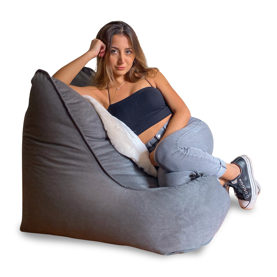 Puff Sillón Felpa Gris Con Relleno